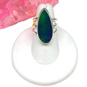 Aura Fire Opal Ring Solid Sterling Silver 925 Stone Boho Green Aurora Size 6.5